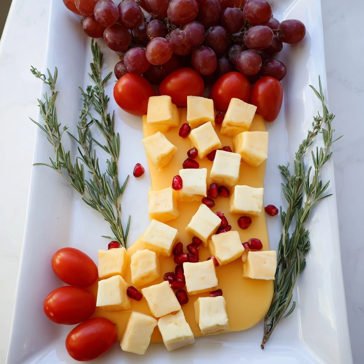 Festive Christmas Stocking Snack Tray with colorful tomatoes, grapes, and various cheeses for holiday enjoyment.