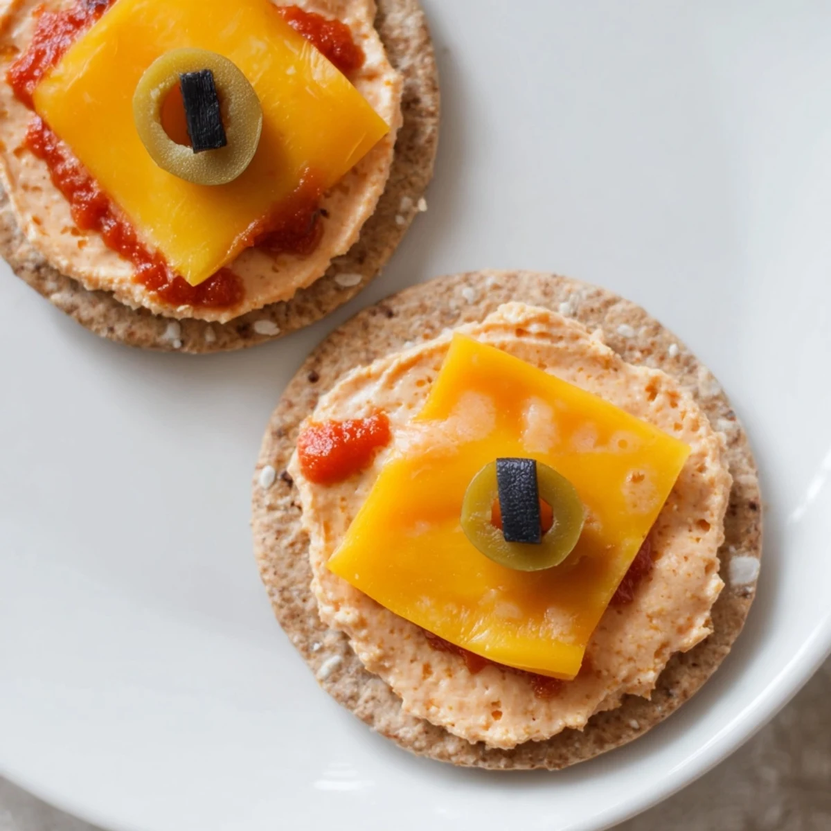 Festive Santa’s Belt Crackers, visually resembling a belt on crackers topped with vibrant red pepper cream.