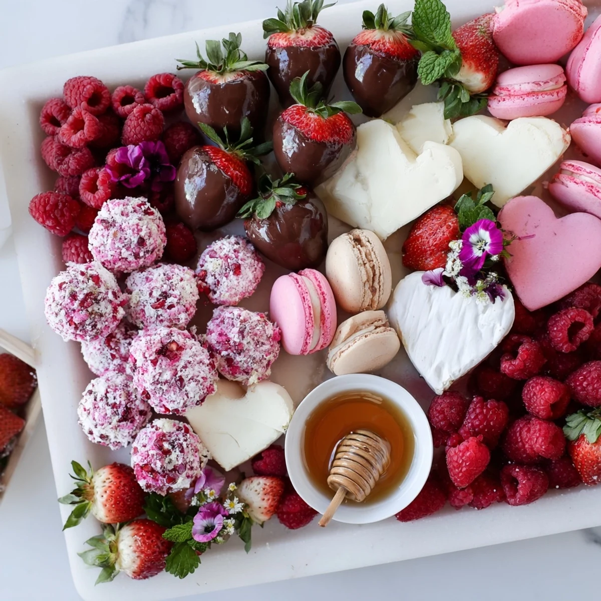 Sweetheart Valentine's Day Board overflowing with chocolate-covered strawberries and colorful heart-shaped treats for sharing.