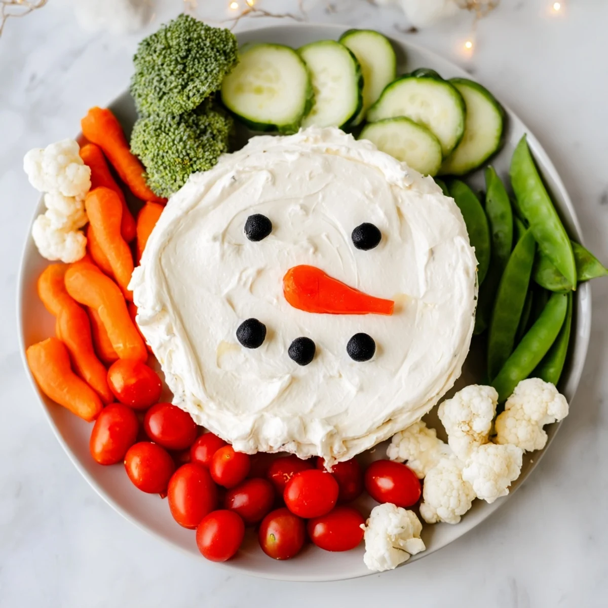 Festive snowman veggie dip platter with colorful vegetables, perfect for holiday gatherings.