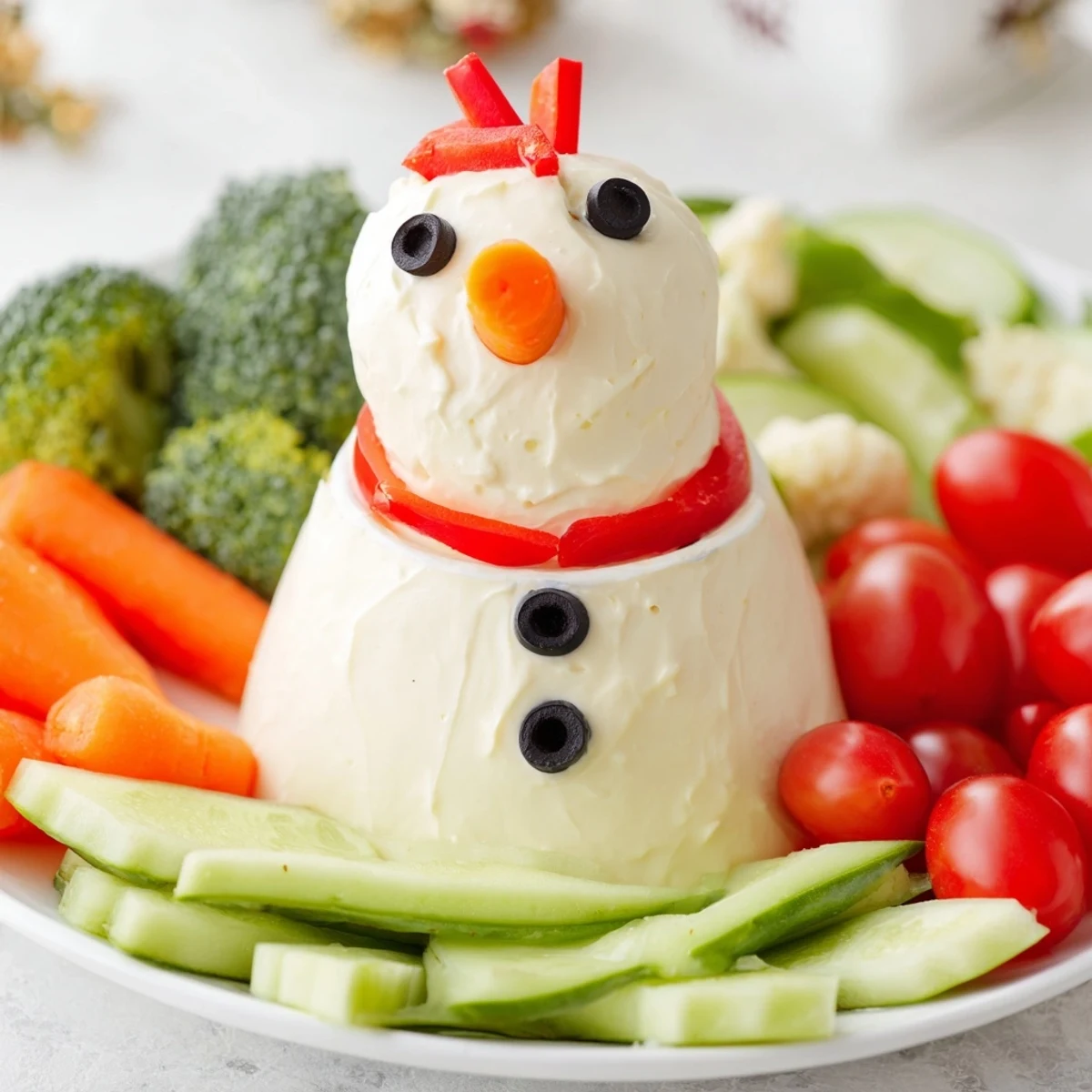 A creamy, cold snowman veggie dip platter, beautifully decorated with fresh, crunchy vegetables.