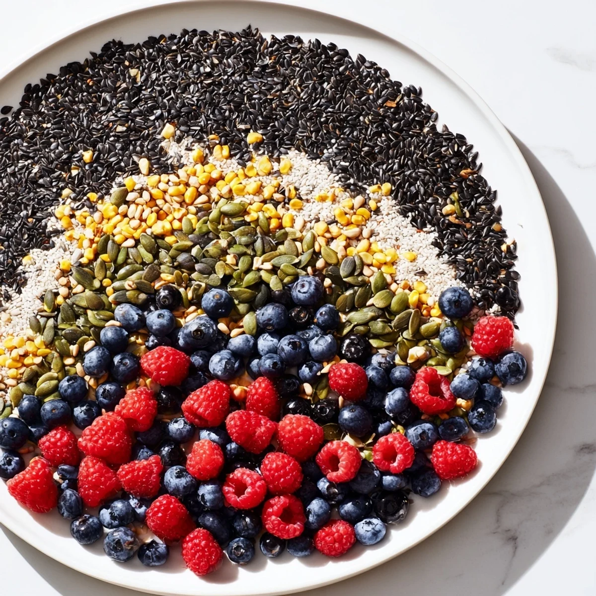 A colorful Singing Bird Seed & Berry Platter, showing a tempting spread of seeds, berries, and nuts.
