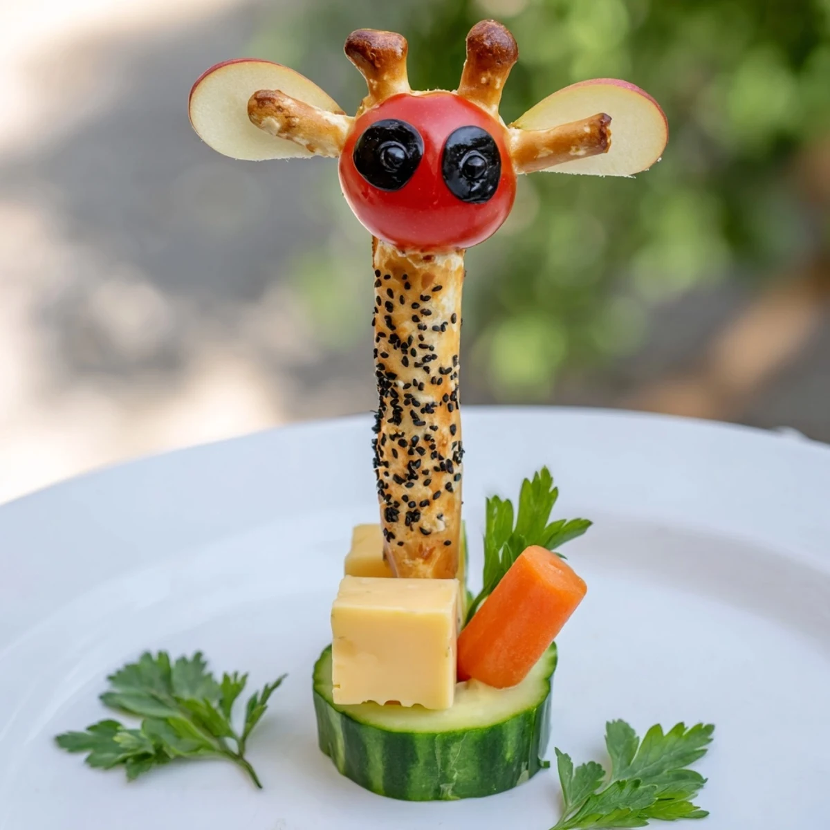 Vibrant Long-Necked Giraffe Snack Towers with colorful veggies, cheese, and playful pretzel necks.