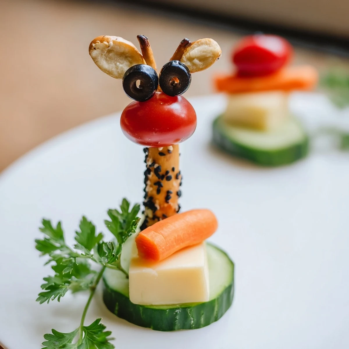 Delicious Long-Necked Giraffe Snack Tower featuring cheese, veggies, and pretzel necks, visually appealing and tasty.