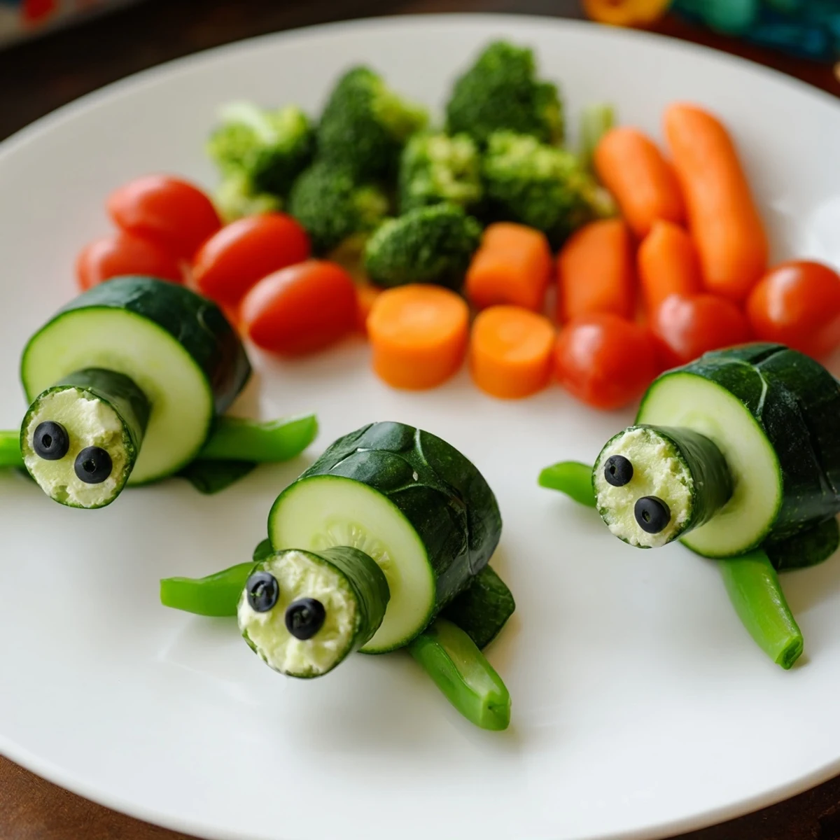 Vibrant veggie Slow & Savory Turtle Crudités platter showcasing cucumber turtle shells with fresh green bell pepper legs.