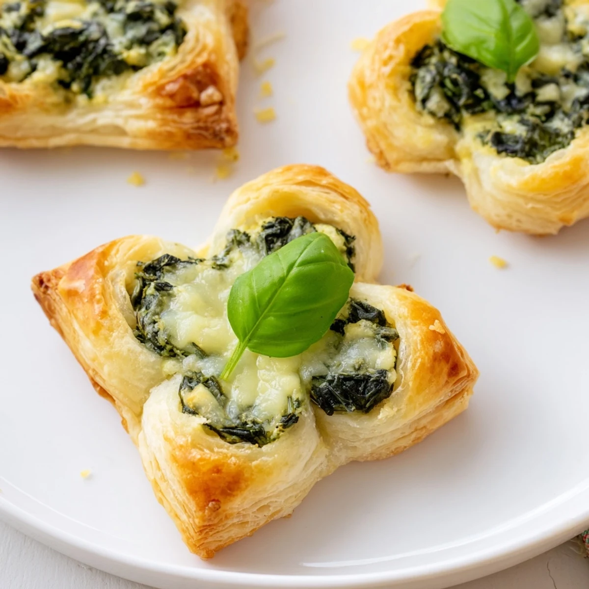 Golden, flaky Lucky Clover St. Patrick's Day Bites bursting with creamy spinach and cheese filling.