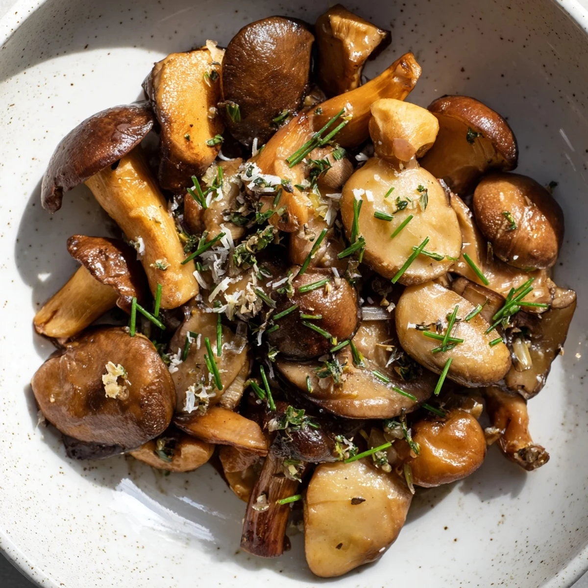 Sizzling Enchanted Forest Mushrooms, golden brown, with fresh herbs and a hint of white wine.