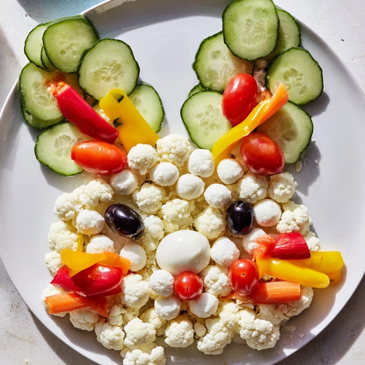 Easter Bunny Spring Platter brimming with colorful veggies, crackers, and dips for a festive spring snack.