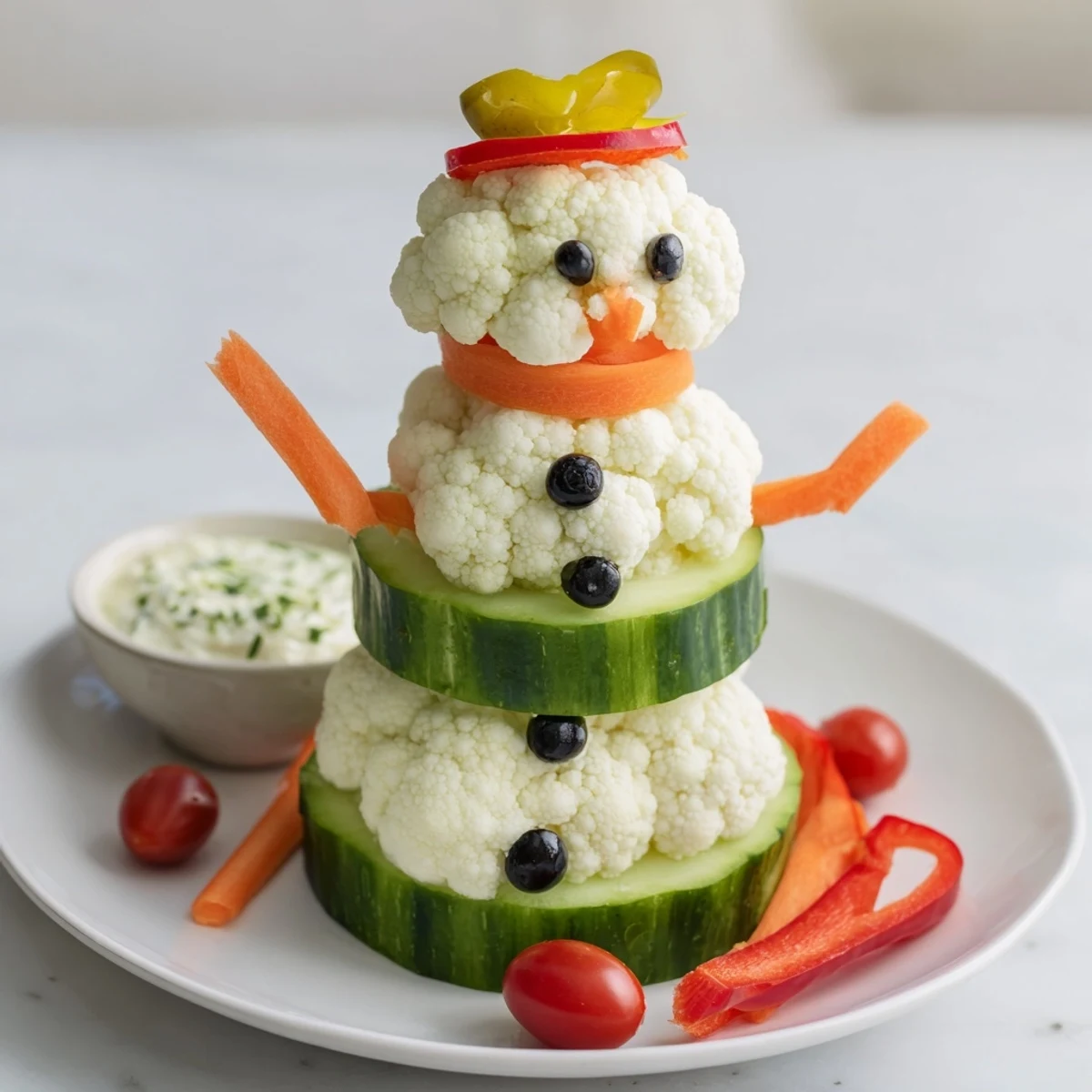 Bright, colorful Snowman Crudités with creamy dip: a healthy and festive appetizer perfect for kids.