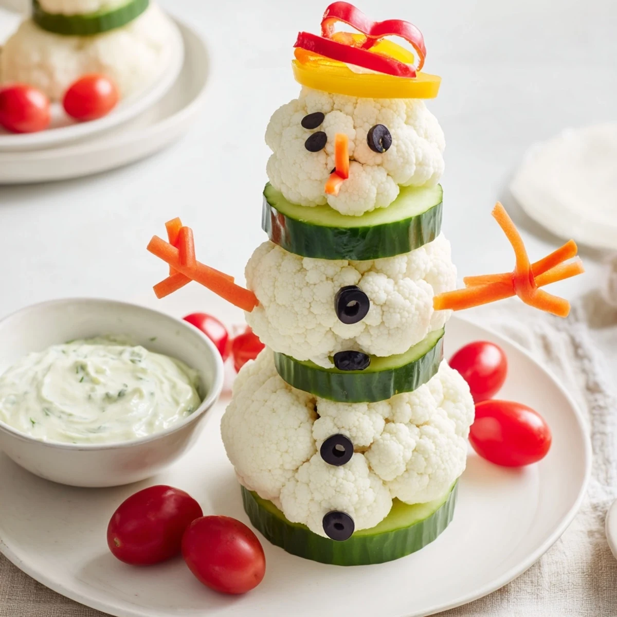 Freshly arranged Snowman Crudités, a whimsical vegetable platter, inviting you to dip into chilled, herby goodness.