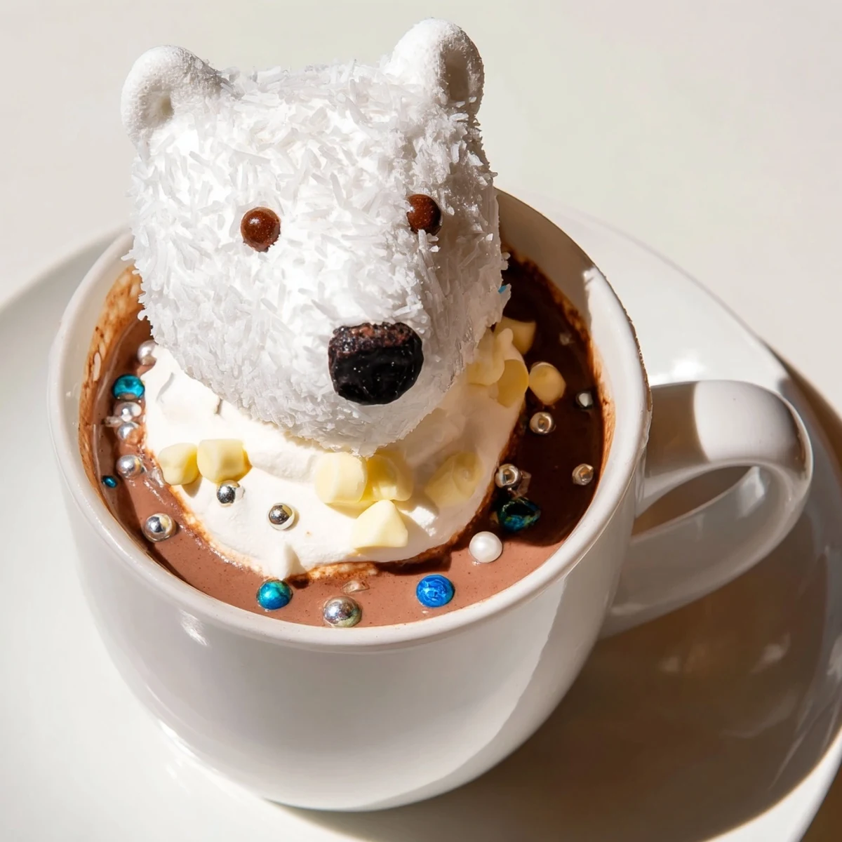 Steaming Polar Bear Hot Chocolate Platter, topped with fluffy whipped cream and adorable marshmallow bears.