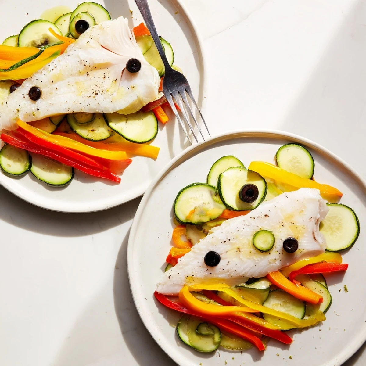 Light fish-shaped meal with colorful veggie scales, served with lemon and parsley garnish.