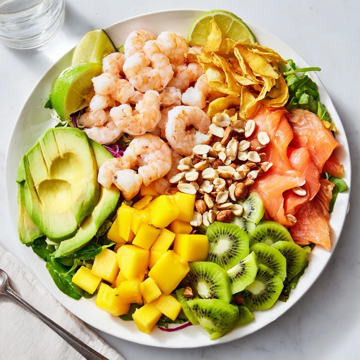 Freshly prepared Tropical Wave Tasting Platter with vibrant pineapple and creamy avocado alongside the seafood.