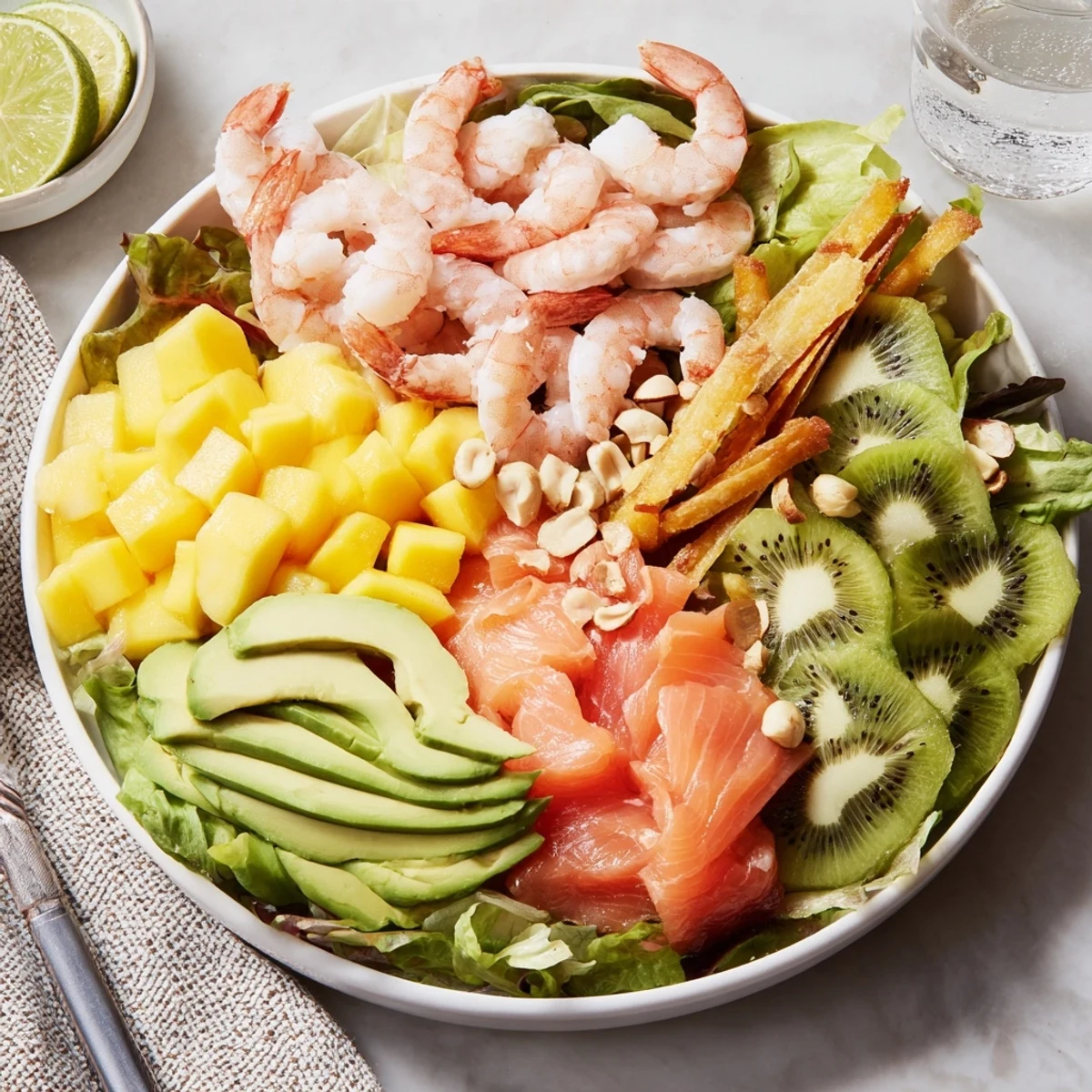 A Tropical Wave Tasting Platter featuring colorful fruits, shrimp, and coconut flakes ready to enjoy.