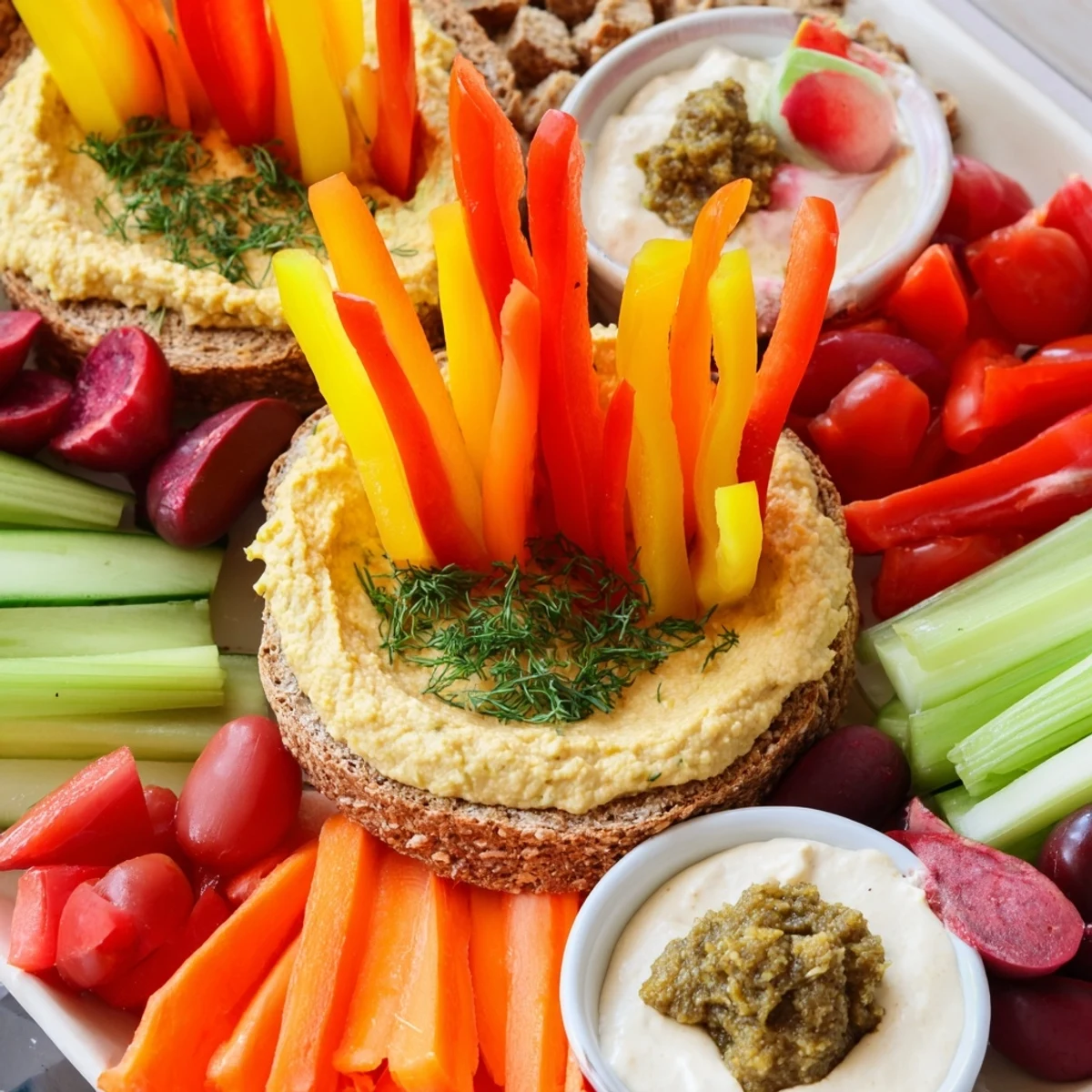 This Autumn Hedgehog Dip Platter features a charming bread base with dips and fresh veggie dippers arranged.