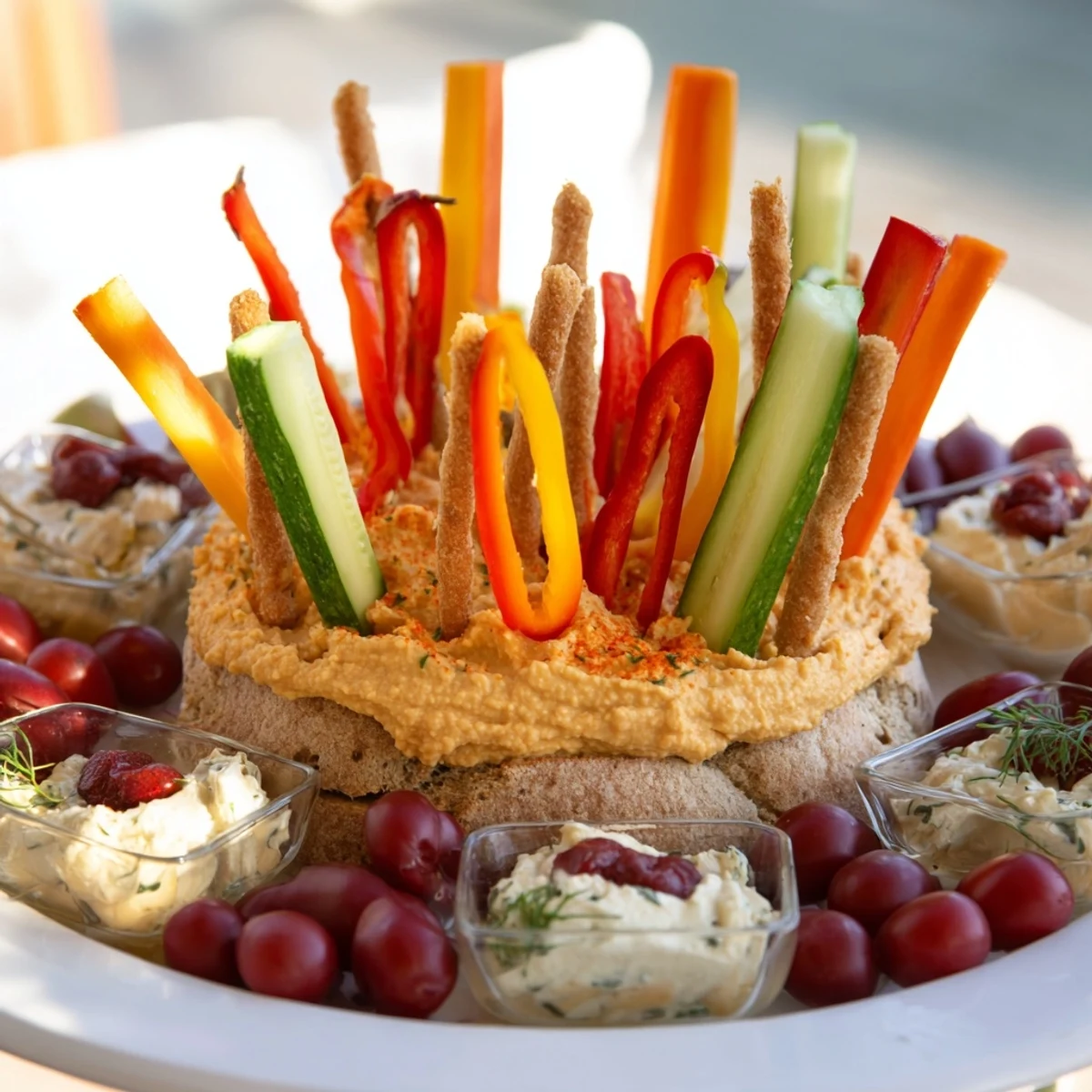 Vibrant Autumn Hedgehog Dip Platter: a whimsical appetizer with colorful vegetable "spines" and dips.