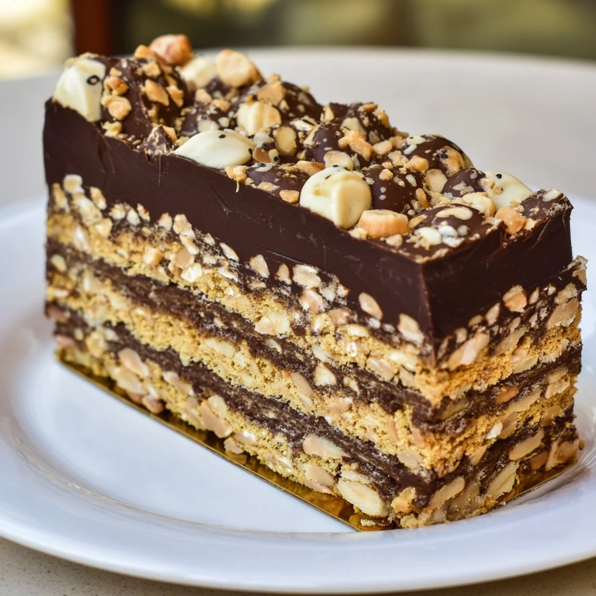 A slice of Plaisirs Sucrés Hibou de la Nuit entremets showing layers of delicious hazelnut flavors.