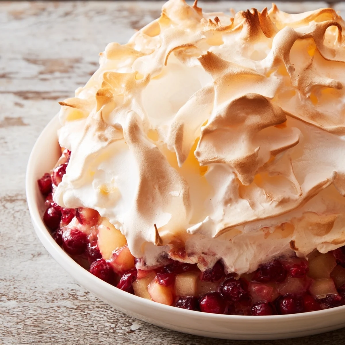 Golden meringue tops the baked Cranberry and Pear Snowscape, a warming winter dessert.