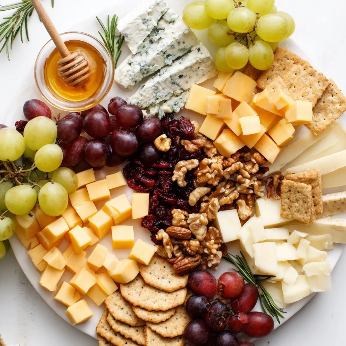 Creamy cheeses, sweet grapes, & cranberries on a Cranberry Grape Man Cheese Board, ready to serve.