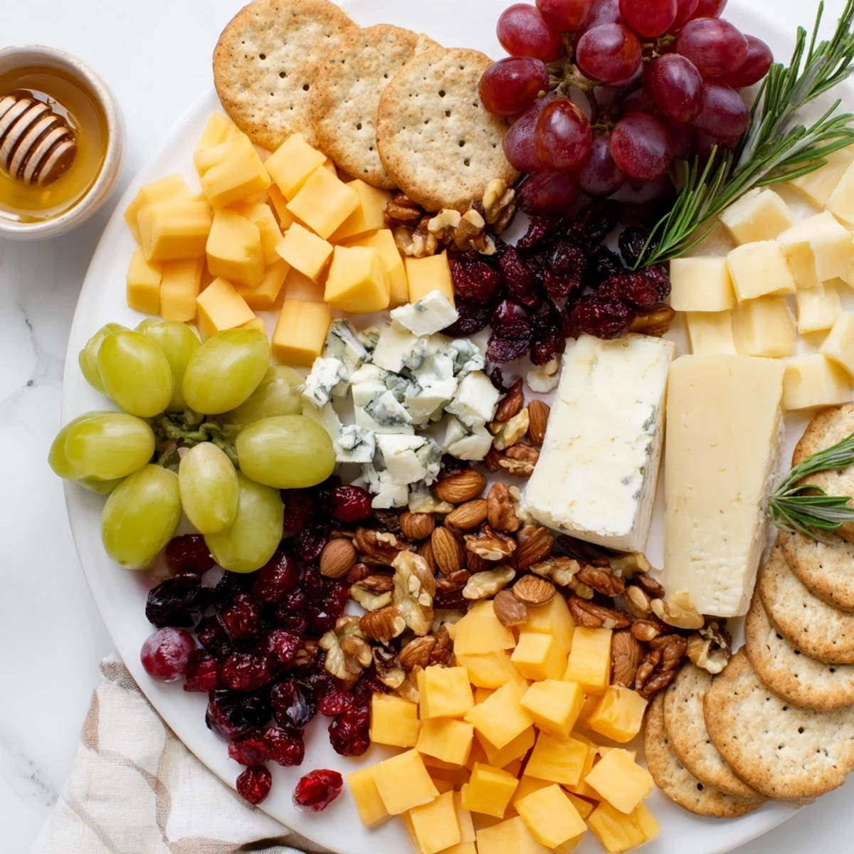 A gorgeous Cranberry Grape Man Cheese Board featuring assorted cheeses, nuts, fruits, and crackers for sharing.