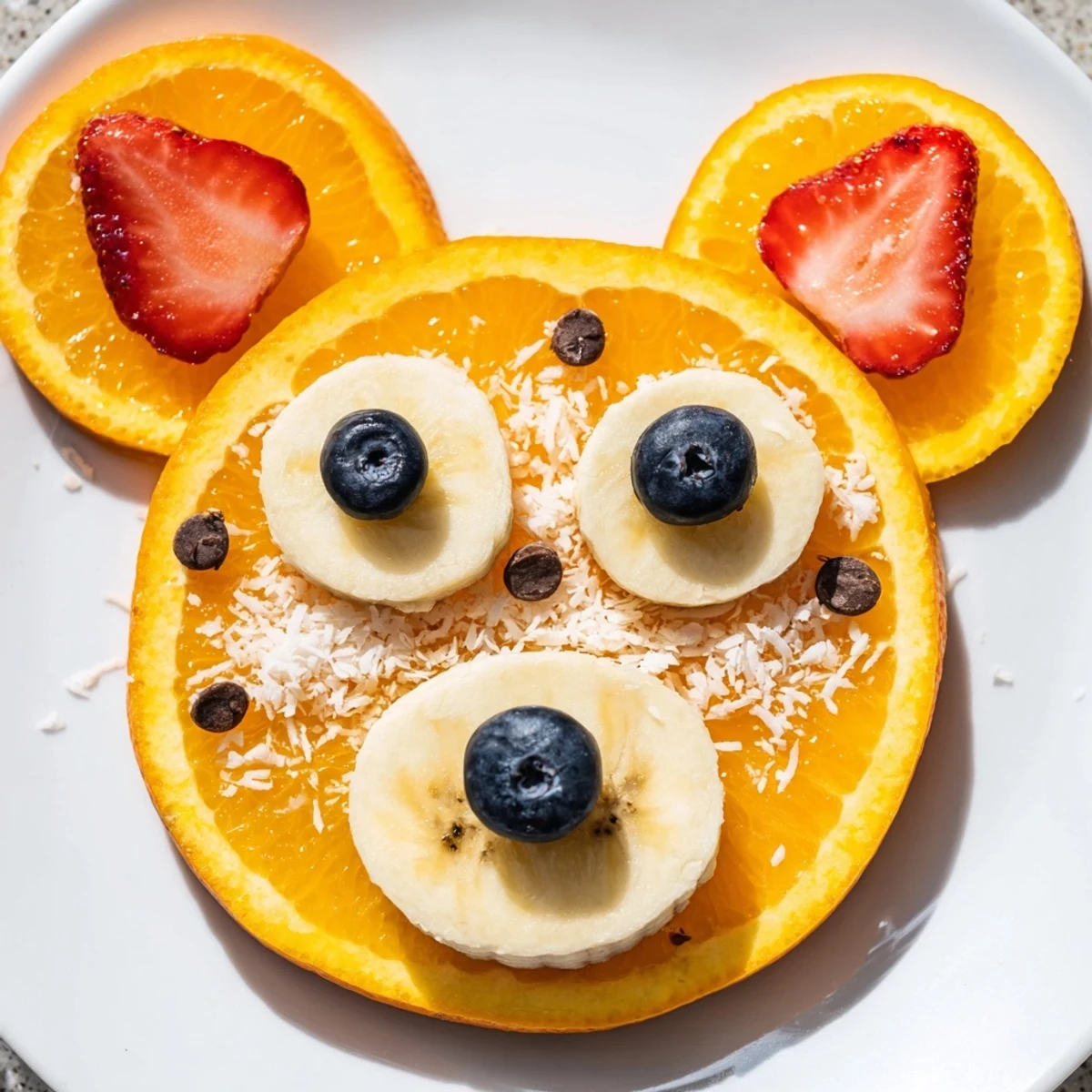 Vibrant orange slice bear faces arranged on a platter, making a fun and healthy fruit board.