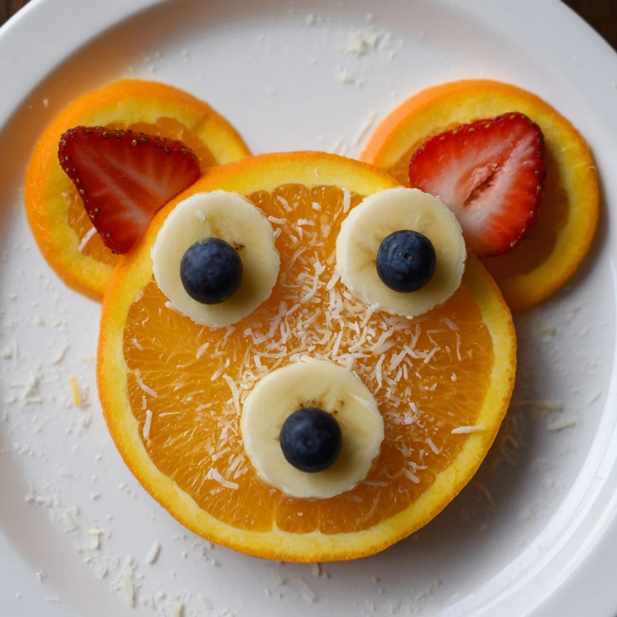 A playful, kid-friendly orange slice bear face board, with fresh banana snouts and juicy strawberries.