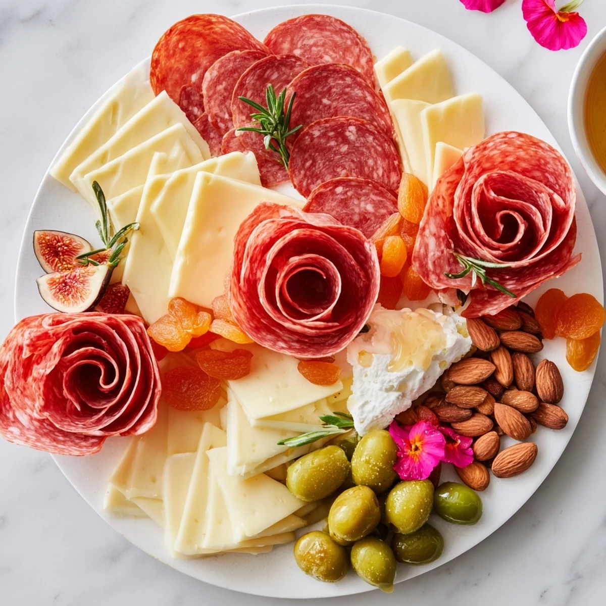 A bountiful Meat and Cheese Rose Garden Board with colorful fruits, olives, and nuts makes a perfect appetizer.