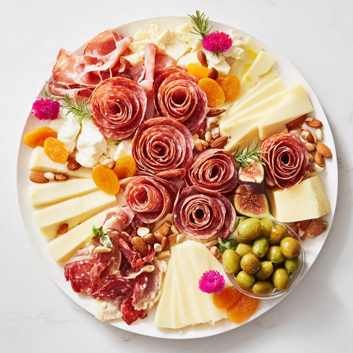 Delectable arrangement of a Meat and Cheese Rose Garden Board featuring artfully crafted meat "roses" and creamy cheeses.