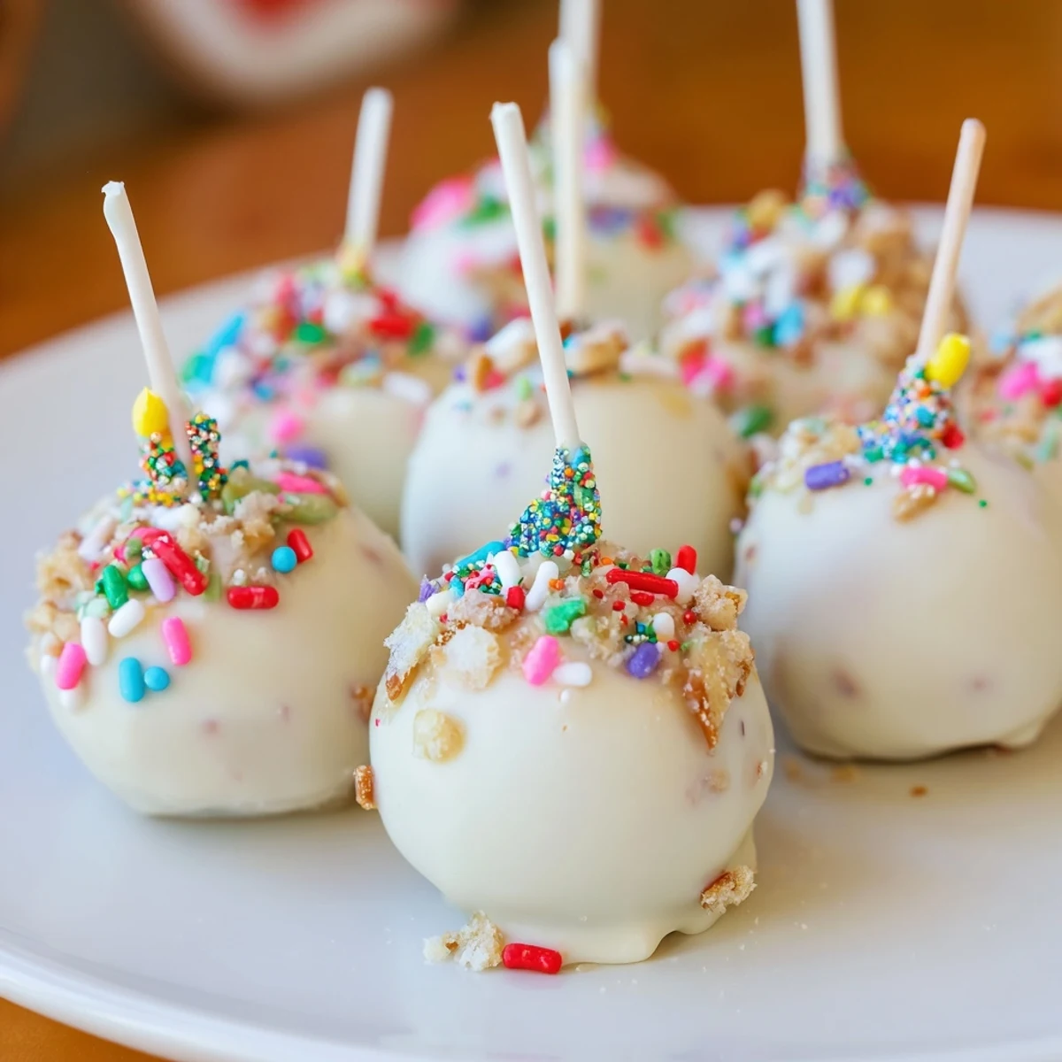 Festive Holiday Ornament Candy Balls coated in white chocolate and covered in sprinkles for the holidays.
