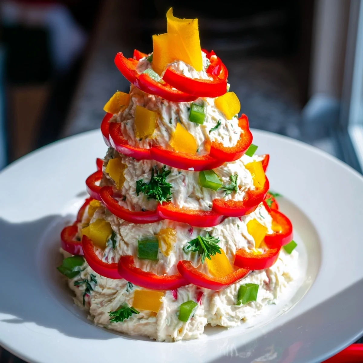 Festive Chili Pepper Christmas Tree Dip, ready and spicy, garnished with colorful peppers for your next party.