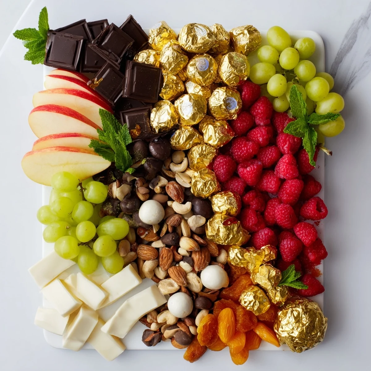 Elegant New Year's Gold Foil Wrapped Chocolate Board, a stunning dessert with fresh fruits and nuts.