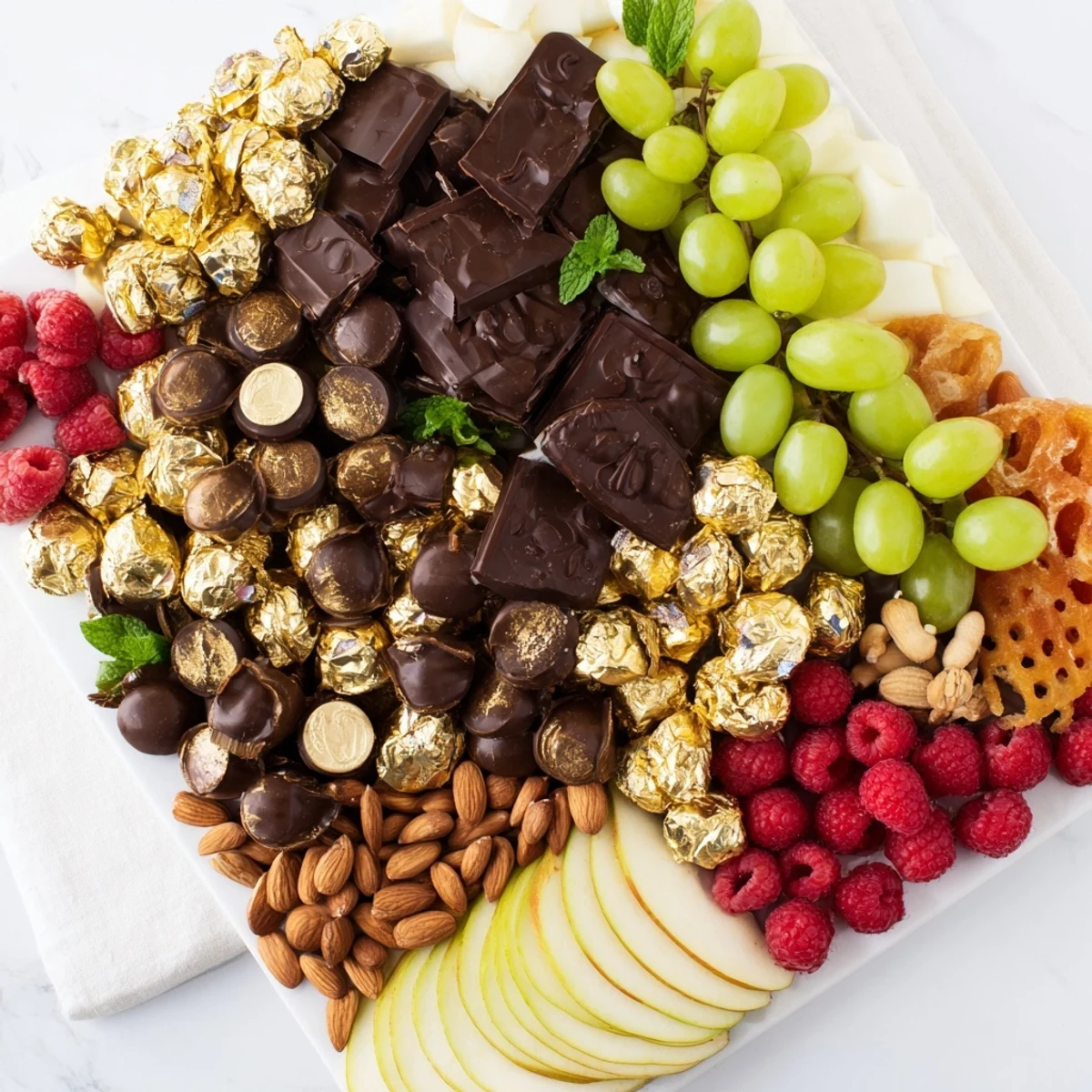 Festive New Year's Gold Foil Wrapped Chocolate Board: a delightful array of treats for your holiday celebration.