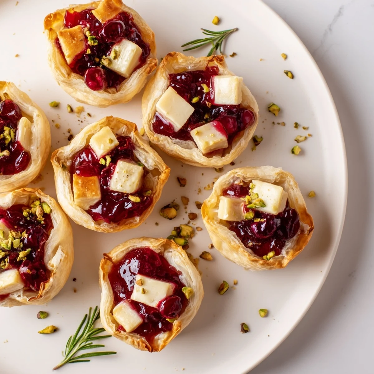 Golden, baked Mini Cranberry Brie Tart Wreath with melting cheese and vibrant cranberry topping.