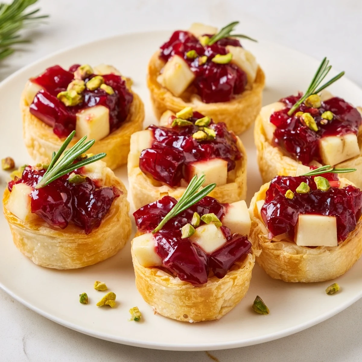 Warm and flaky Mini Cranberry Brie Tart Wreath featuring cheese, cranberry, and fresh rosemary.