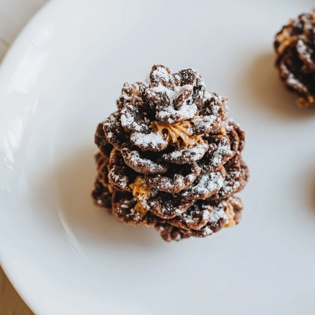 Pinecone-shaped nut butter snacks, textured and crusted with crispy cereal, a festive dessert.