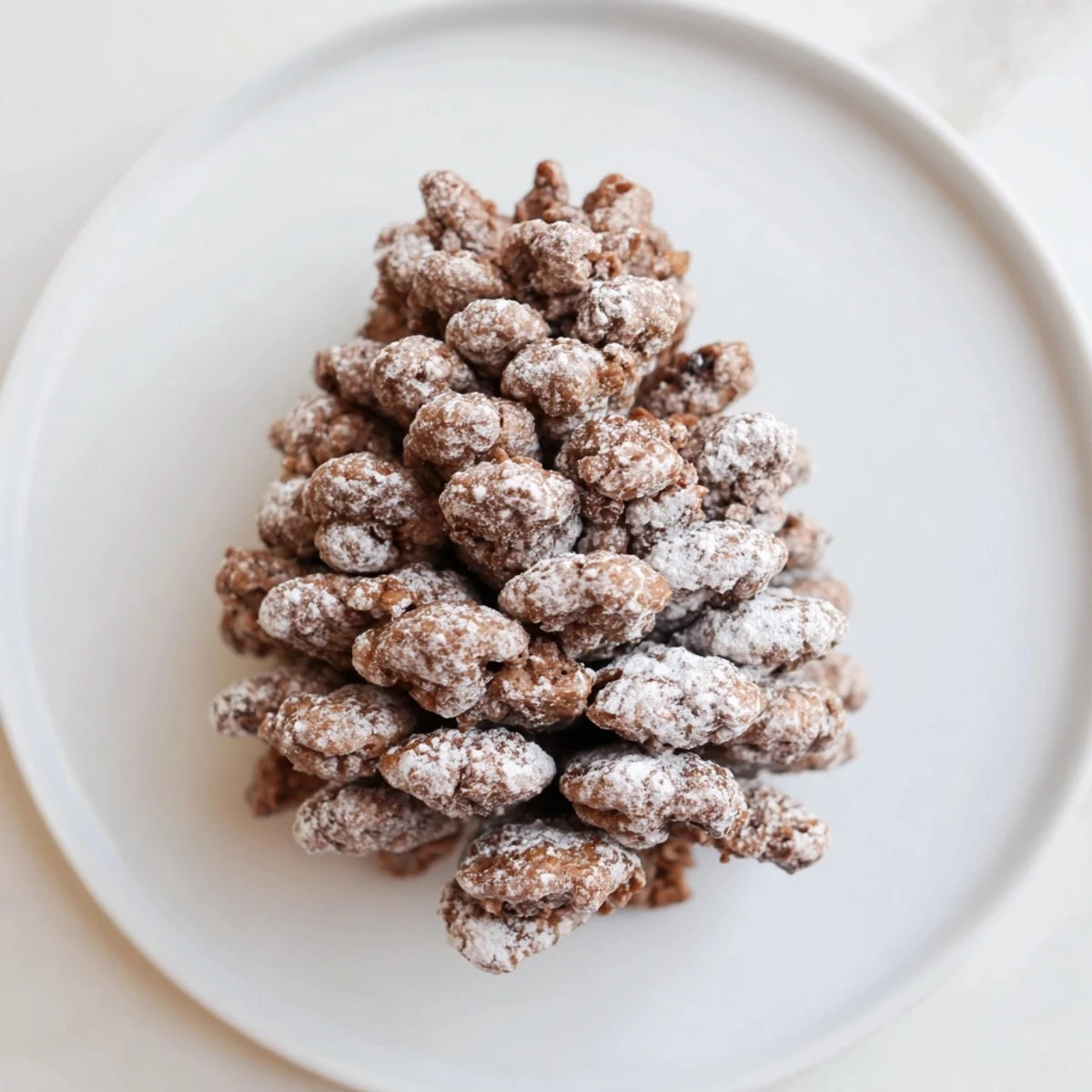 Homemade pinecone-shaped nut butter treats, covered in chocolate cereal and ready to enjoy.