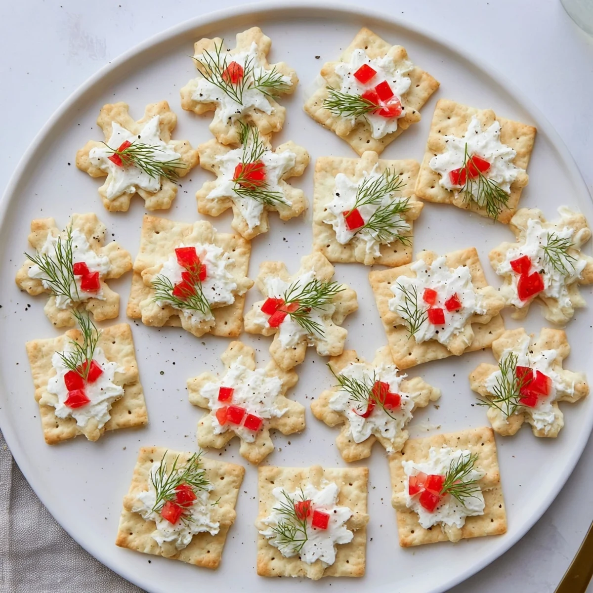 Savory cracker and cheese snowflake bites, artfully arranged, offer a delightful holiday appetizer experience.