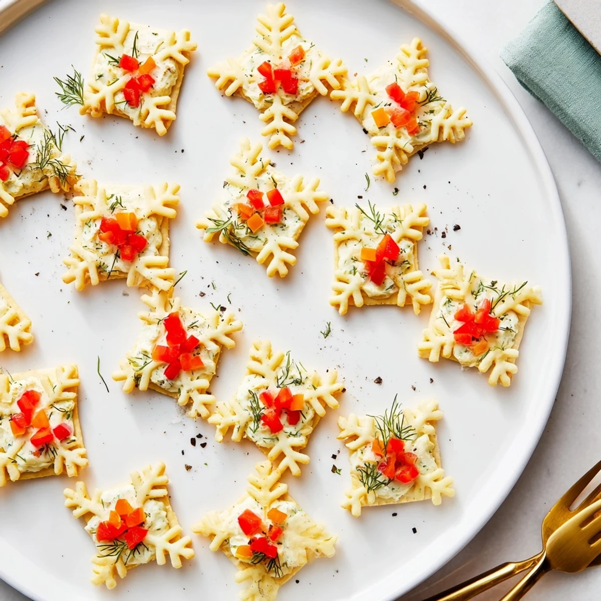 These festive savory cracker and cheese snowflake appetizers are ready to serve at your next holiday party.