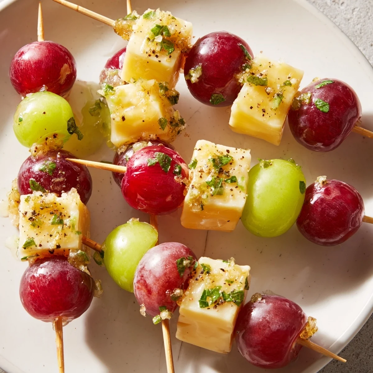 Festive Sparkling Grape and Cheese Skewers with vibrant red grapes and golden cheese, drizzled, ready for your celebration.