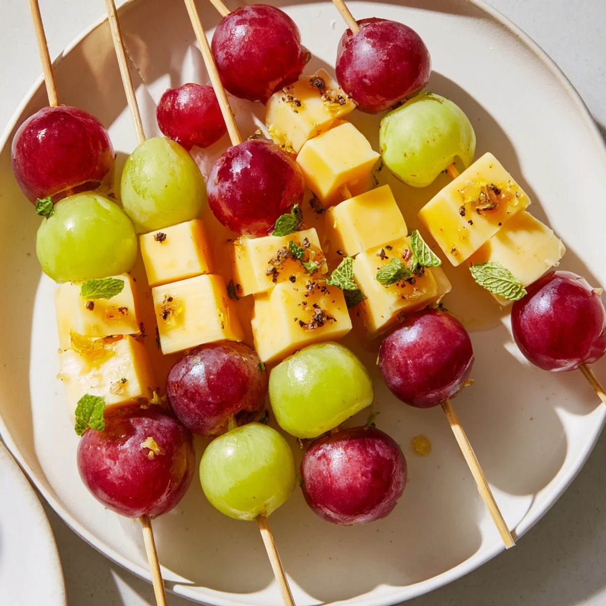 Honey-glazed Sparkling Grape and Cheese Skewers offer a taste of celebration, with refreshing sparkle and creamy cheese.