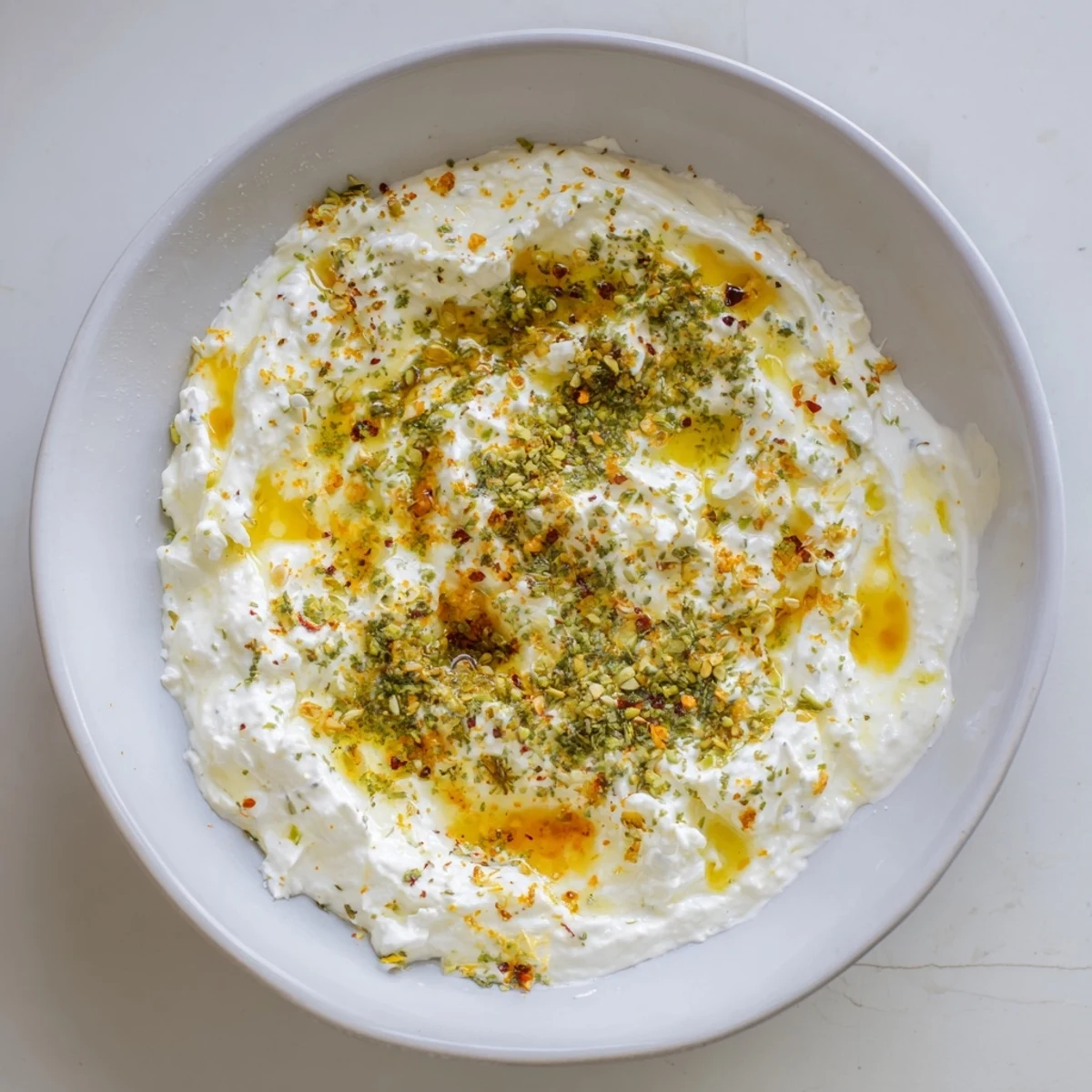 Creamy Angel Wing whipped feta dip, drizzled with honey and fresh herbs; a delightful appetizer.