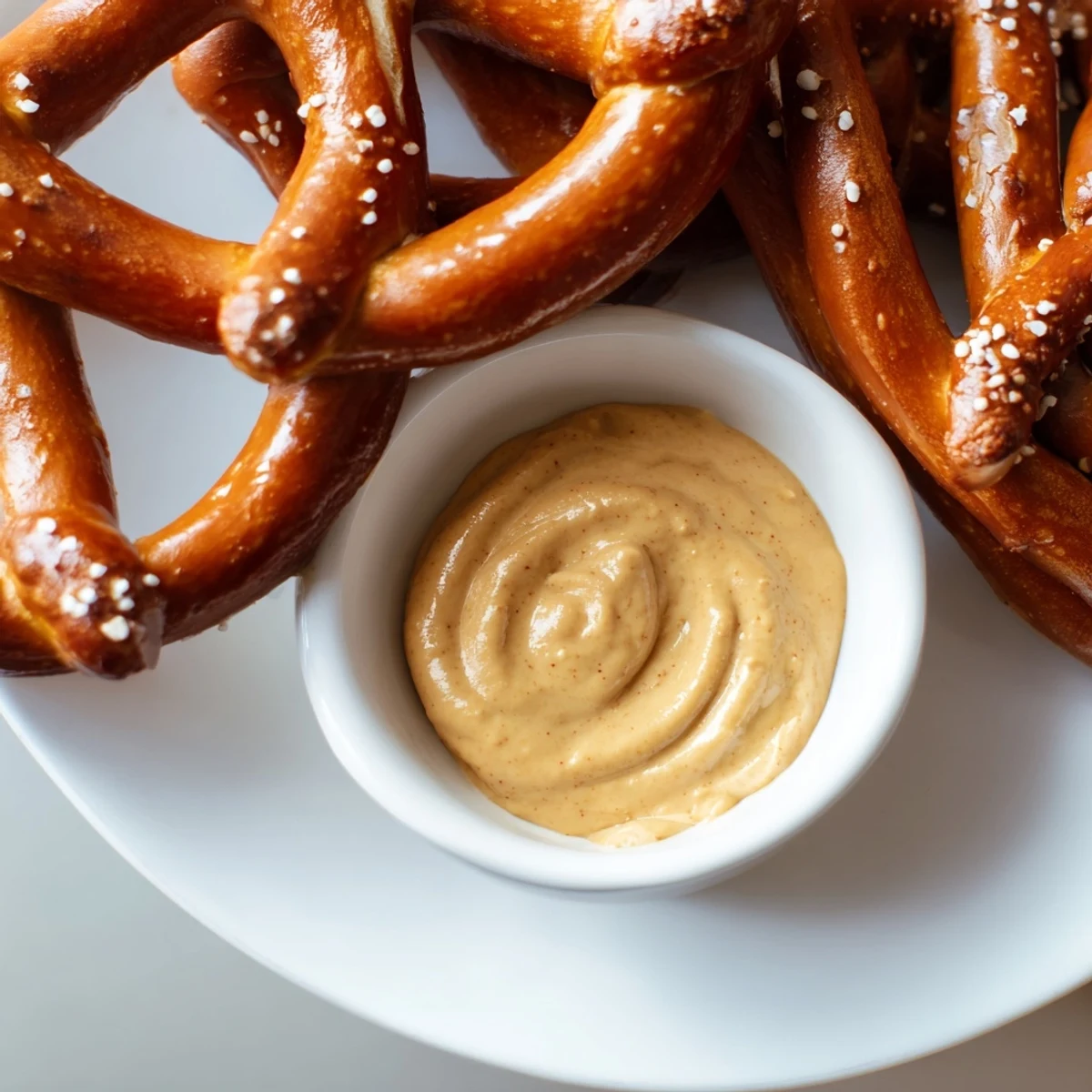 Crispy pretzel rods, beautifully arranged, alongside a bowl of flavorful hot mustard dip.
