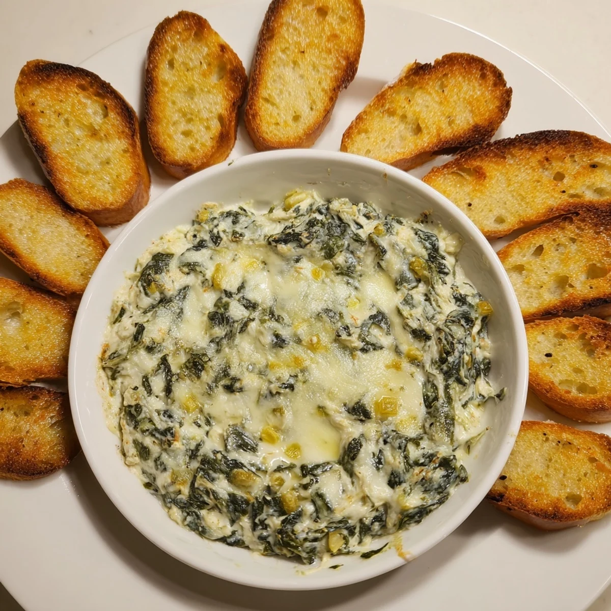 A close-up of Spinach Artichoke Dip, rich with cheese and ready for dipping toasted bread.