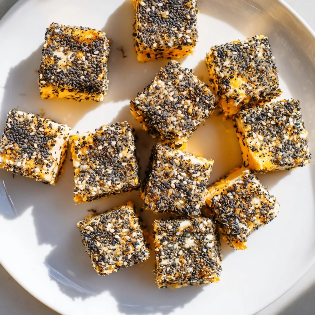 Golden-hued Salty Bites: Everything Bagel Seasoning Cheese Cubes, perfect as a quick snack or appetizer.