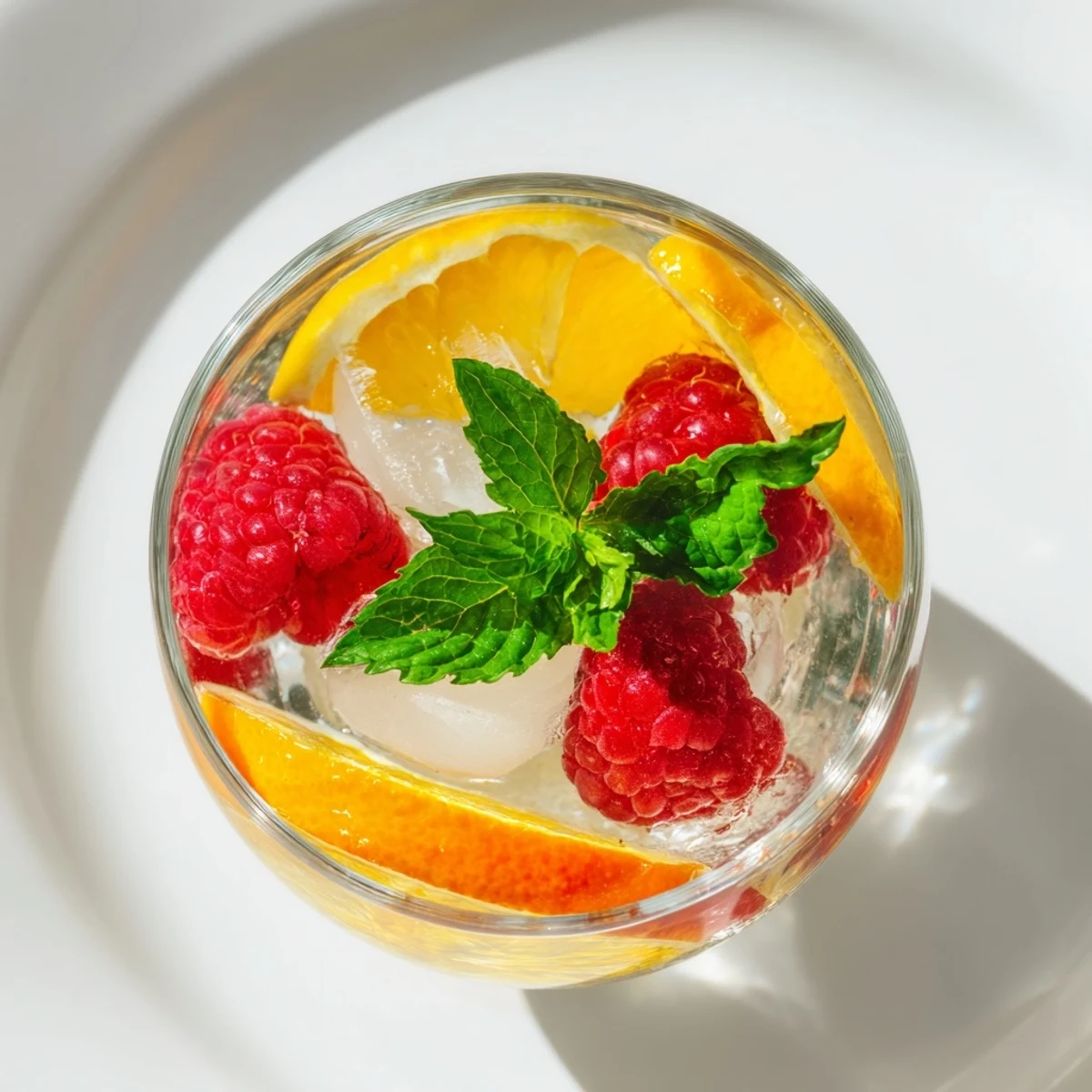Refreshing Sparkling Juice with Raspberries, garnished with mint, promises delicious fruit flavors for your enjoyment.