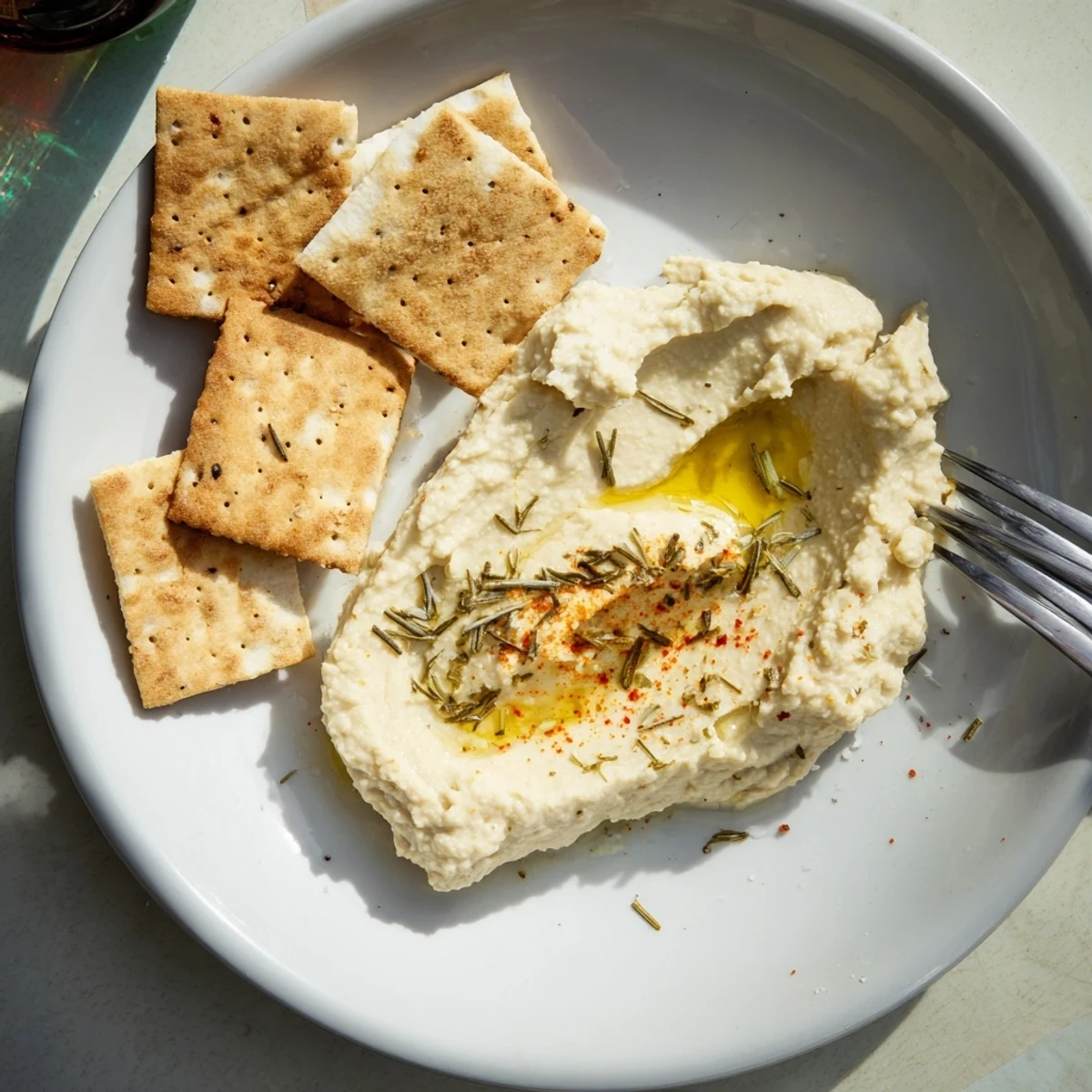 Golden, crispy Holiday Crackers with fresh rosemary alongside creamy hummus for dipping.