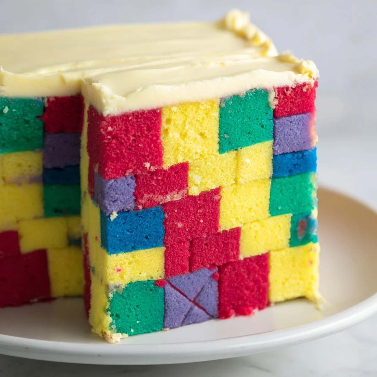 A close-up view of the Cozy Quilt Patchwork Cake, showcasing colorful squares and creamy frosting.