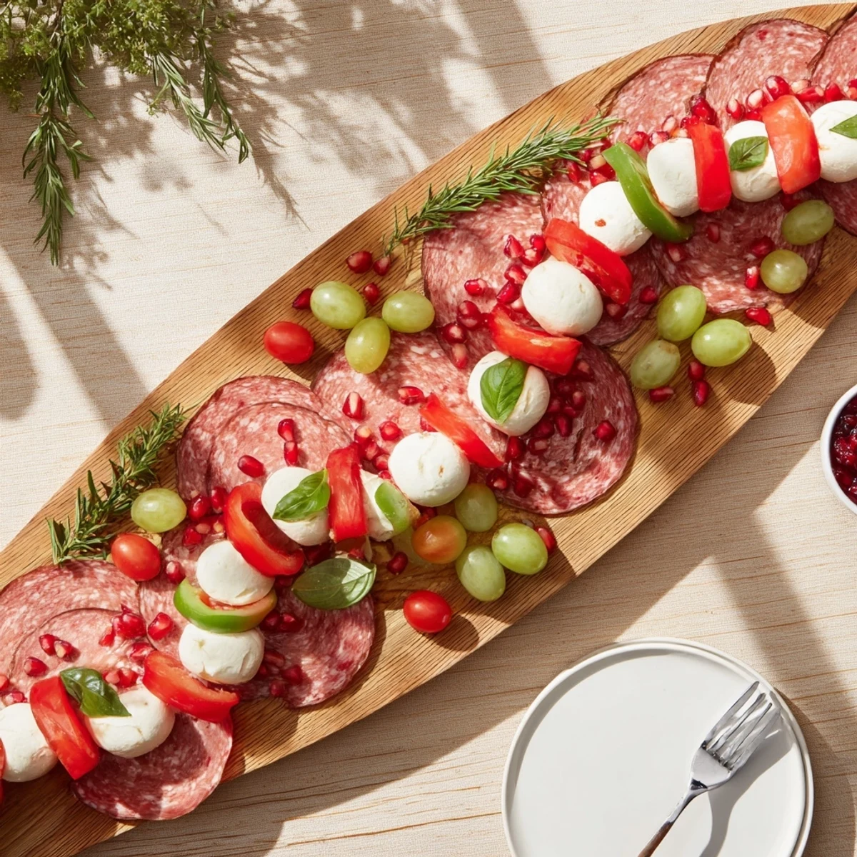 Festive Candy Cane Zigzag appetizer board showcases salami, mozzarella, and juicy tomatoes arranged in a holiday design.