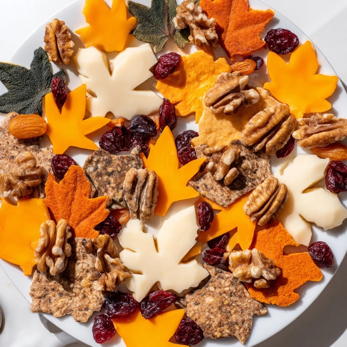 Thanksgiving Leaf Fall appetizer: a beautiful arrangement of cheese and fruit shaped like colorful leaves.