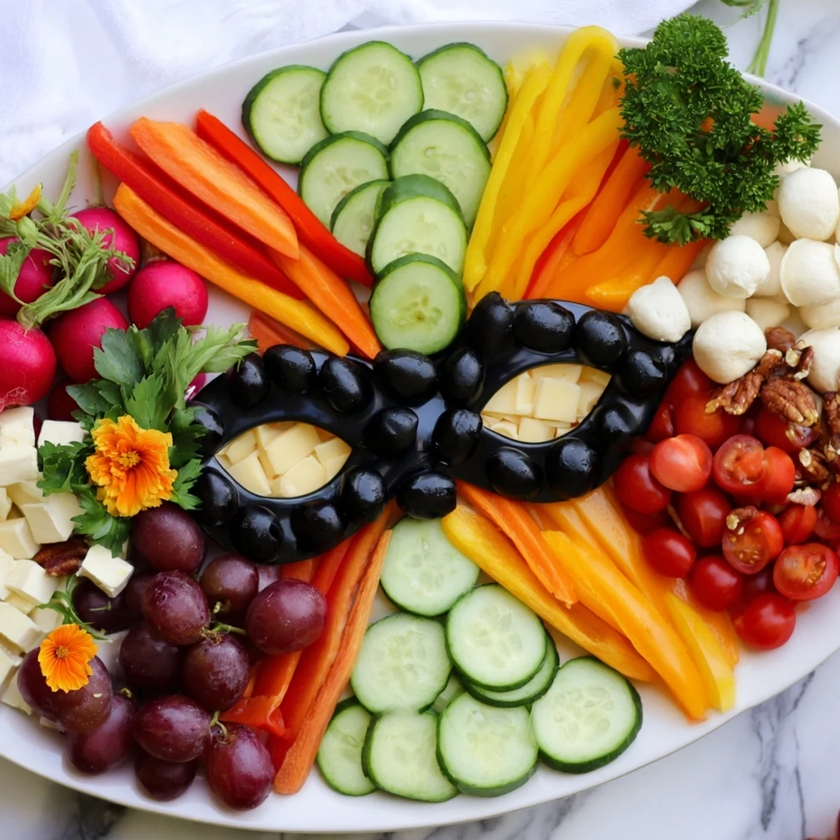 A visually stunning "Masquerade Mask" arrangement features artfully placed cucumber slices and grapes for a party.
